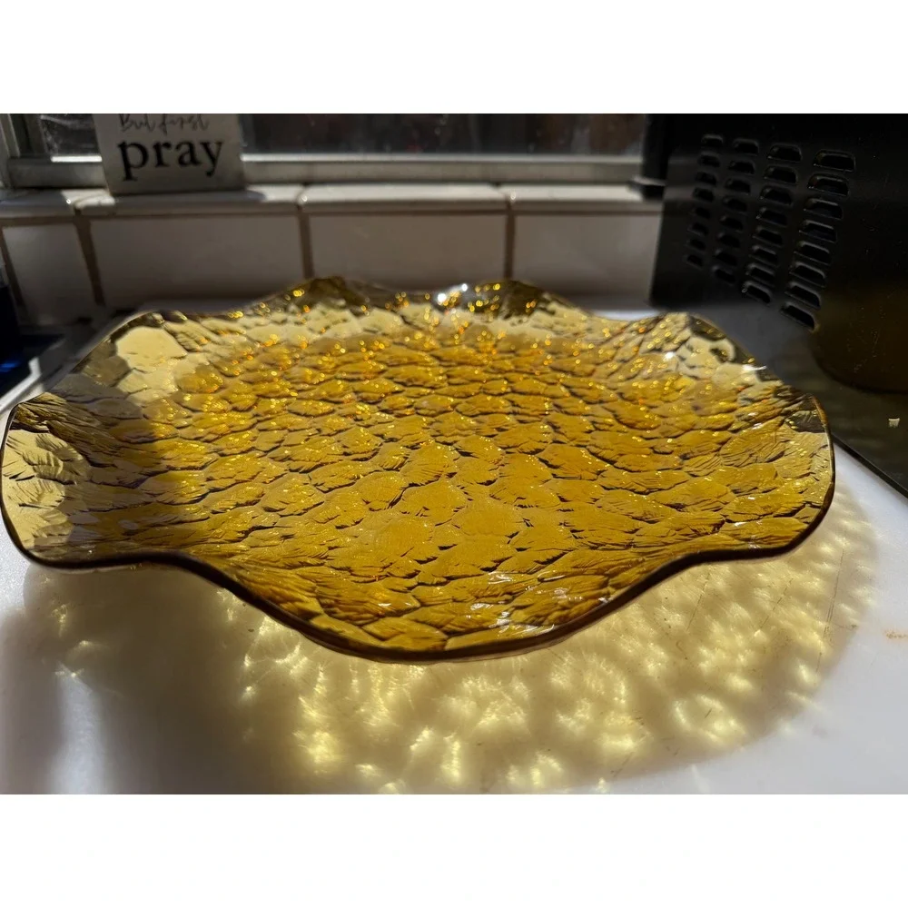 Vtg. Glass Serving Plate Amber Hammered Scalloped MCM Retro Decor